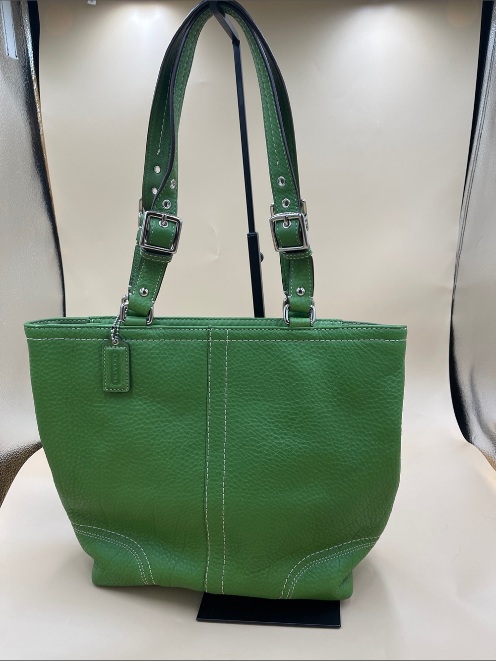 Coach Green Pebbled Leather Shoulder Tote with Adjustable Straps